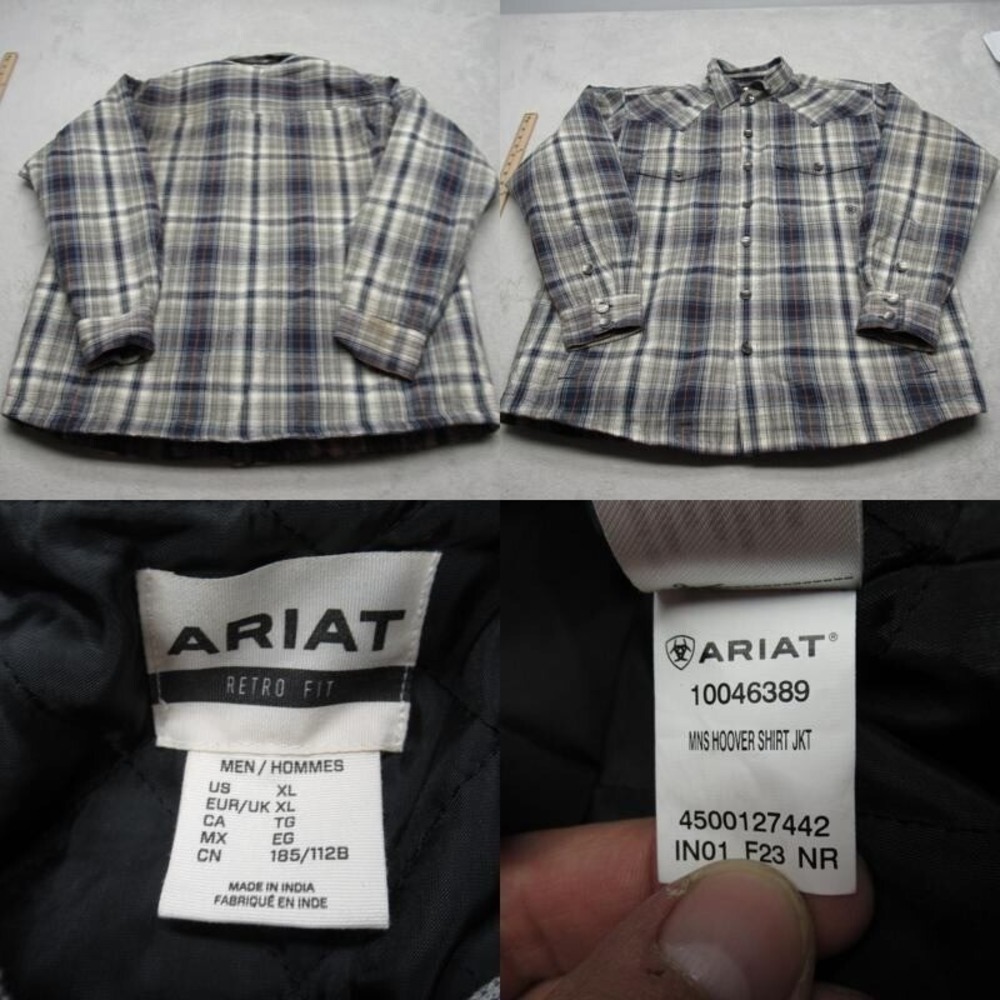 Ariat Hoover Shirt Jacket Mens XL Gray Blue Plaid Quilt Lined Insulated Distress